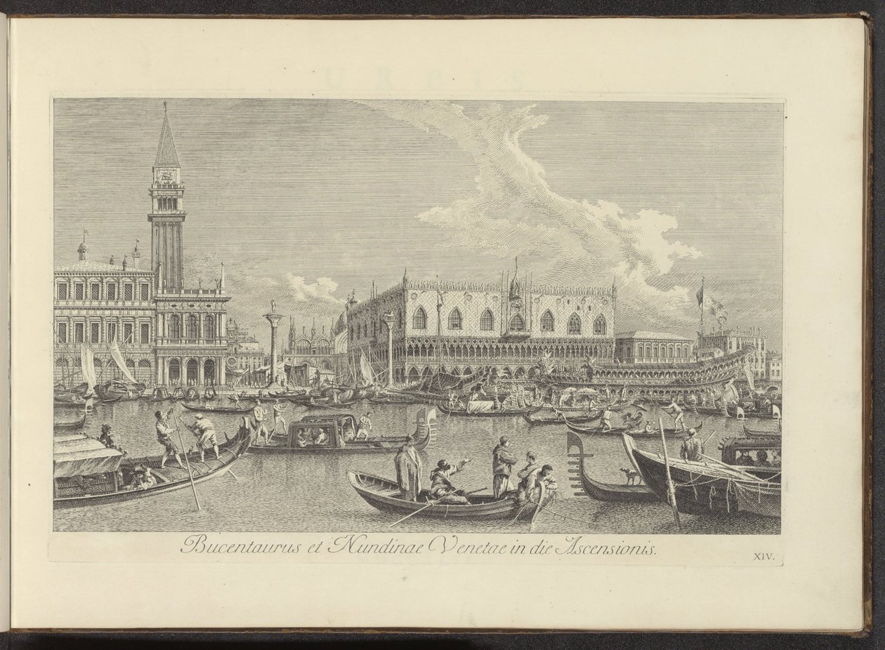 Gezicht op het Canal Grande te Venetië met de Bucintoro van de doge Bucentaurus i Nundinae Venetae w dniu Wniebowstąpienia (tytuł na obiekcie) Najsłynniejsze widoki Wenecji z 38 paneli Antoniusa Canal, częściowo wydrukowane na antenie przez Antonio Vissent autorstwa Antonio Visentini