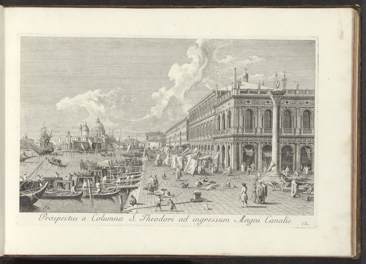 Hoek van het San Marcoplein met de Biblioteca Marciana Widok z kolumny św. Teodora na wejście do Canal Grande (tytuł na obiekcie) Najsłynniejsze widoki Wenecji, z 38 paneli Antoniusa Canal z mosiądzu, wydrukowane przez Antonio Vissentiniego w częściach t autorstwa Antonio Visentini