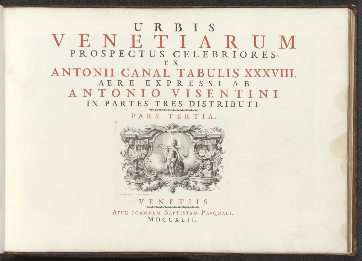 Titelprent met een naakte vrouwenfiguur met schild, helm en boek Najsłynniejsze widoki Wenecji z 38 paneli Antoniusa Canal, wydrukowane na mosiądzu przez Antonio Vissentiniego, podzielone na trzy części. trzecia część (tytuł serii na obiekcie) autorstwa Antonio Visentini