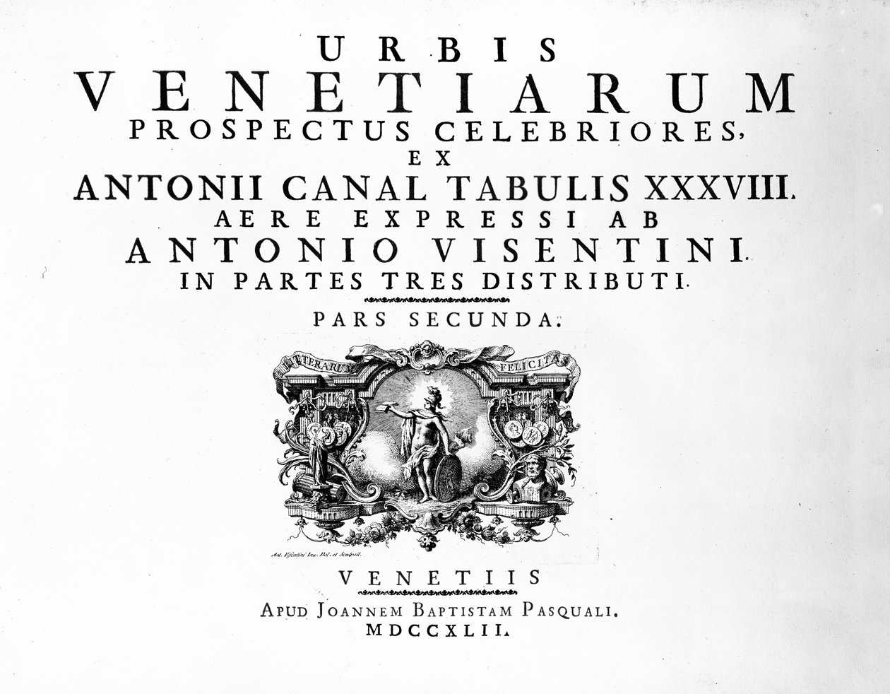Strona tytułowa książki „Miasto Wenecja: widok z kanału Antoniego”, opublikowanej w 1742 r. autorstwa Antonio Visentini