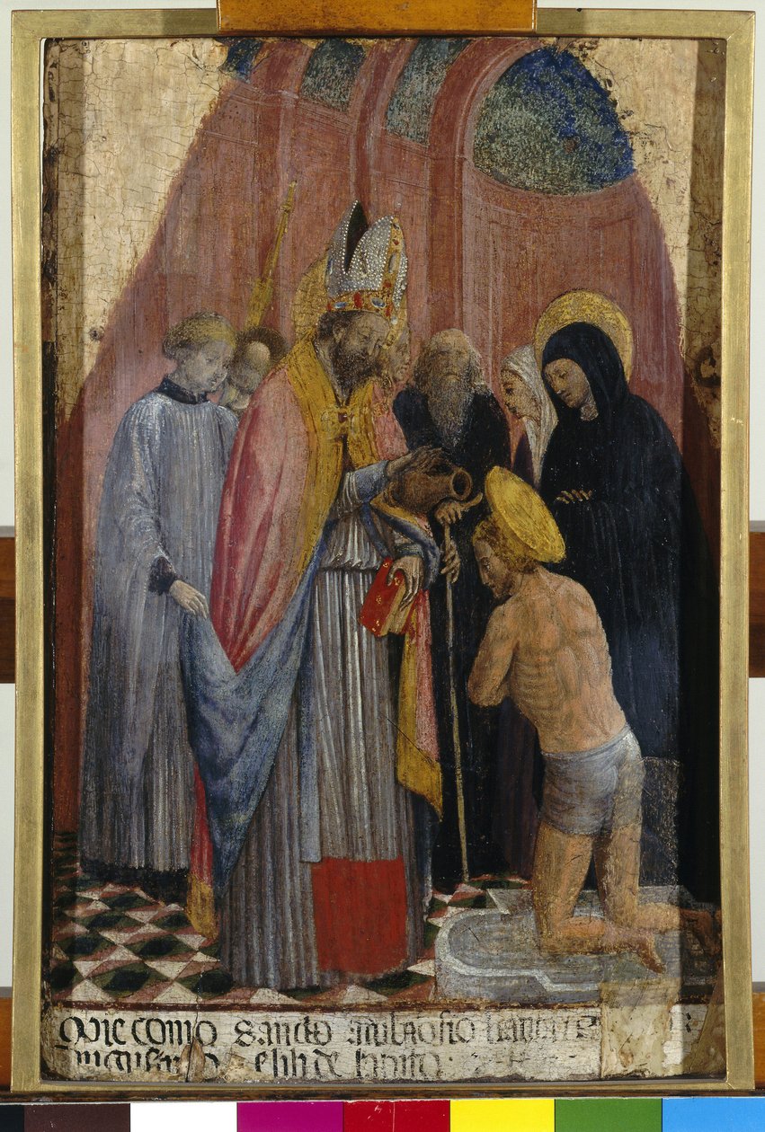 Św. Ambroży chrzci św. Augustyna, ok. 1441 r. (tempera na desce) autorstwa Antonio Vivarini