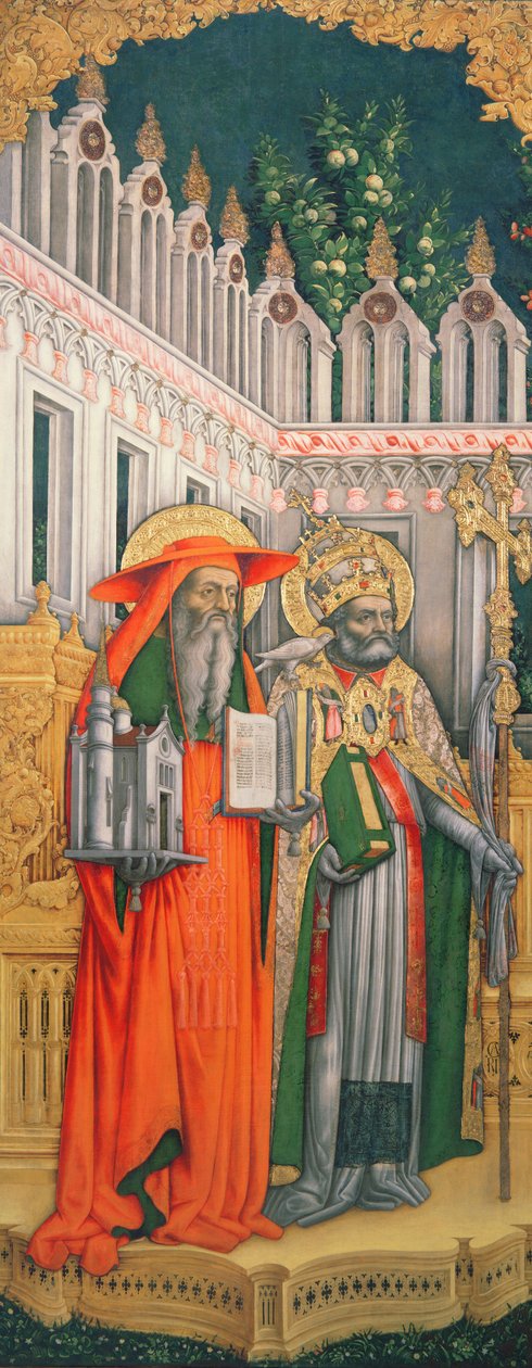 Św. Jerome i Św. Grzegorz, lewy panel z Dziewicy na tronie ze świętymi Hieronimem, Grzegorzem, Ambrożym i Augustynem, 1446 (po renowacji) (patrz 160893-99) autorstwa Antonio Vivarini