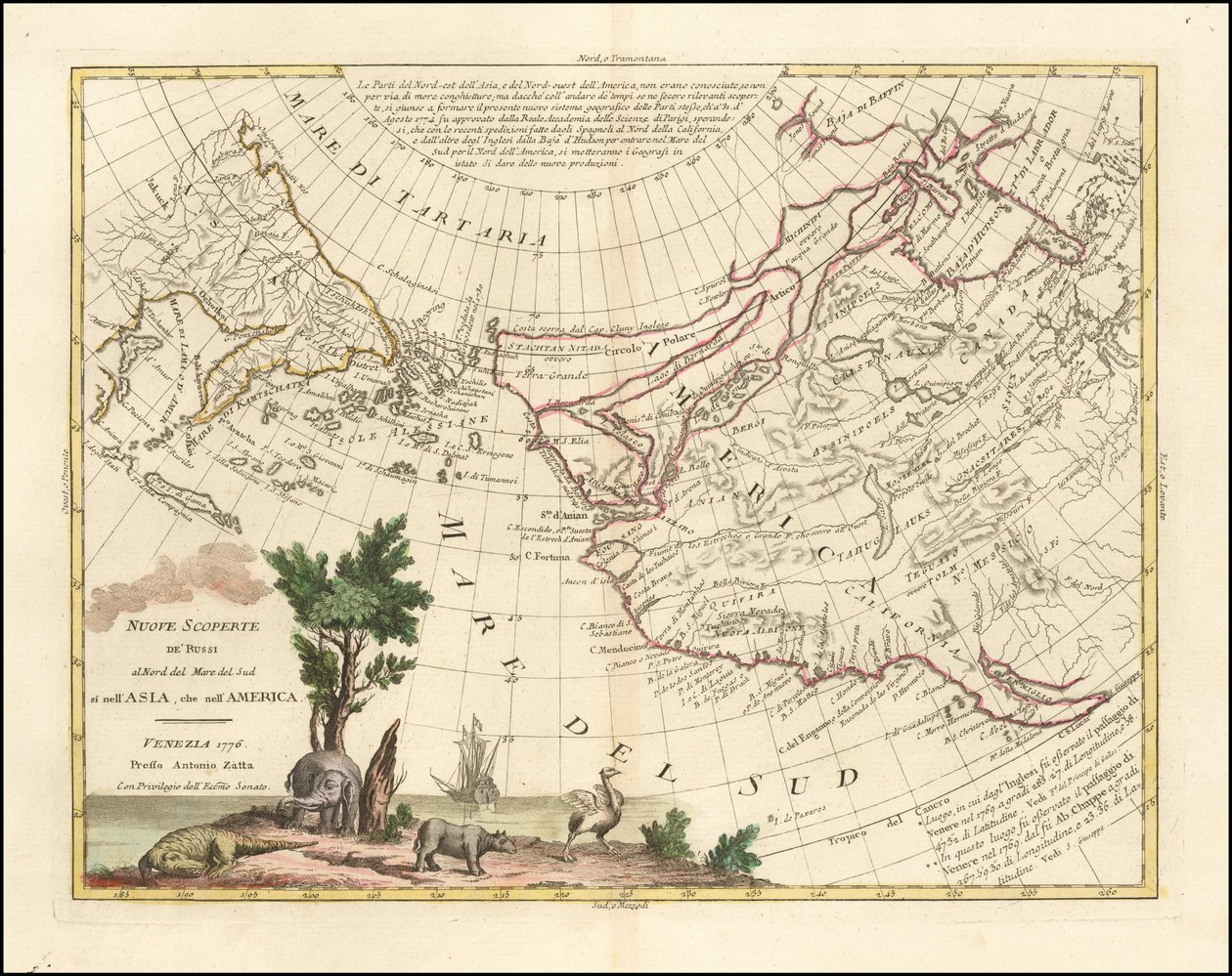 Mapa z 1776 roku - Nowe odkrycia Rosjan na północ od Morza Południowego w Azji i Ameryce autorstwa Antonio Zatta