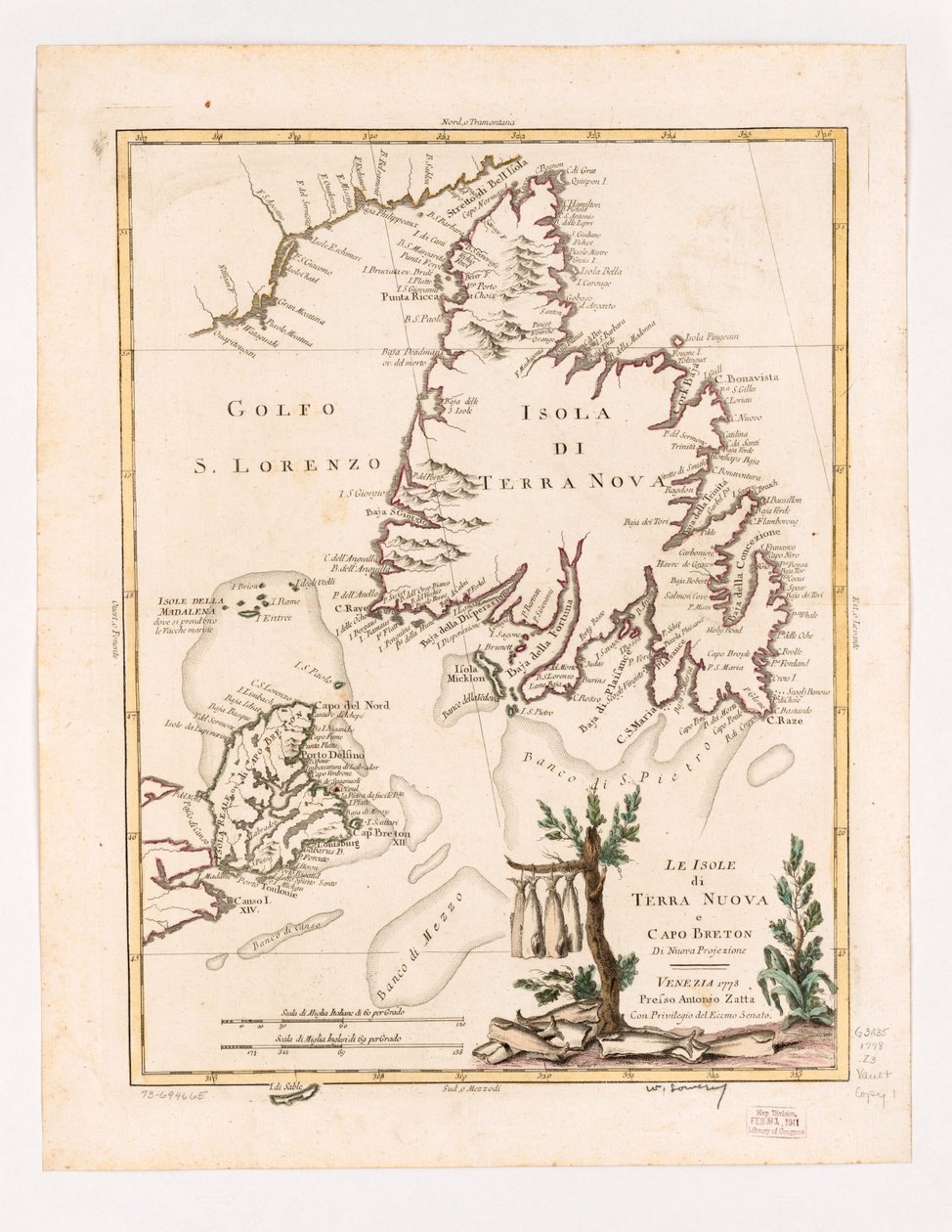 Wyspy Terre Nuova i Cape Breton nowej projekcji 1778. LOC 73694665 autorstwa Antonio Zatta