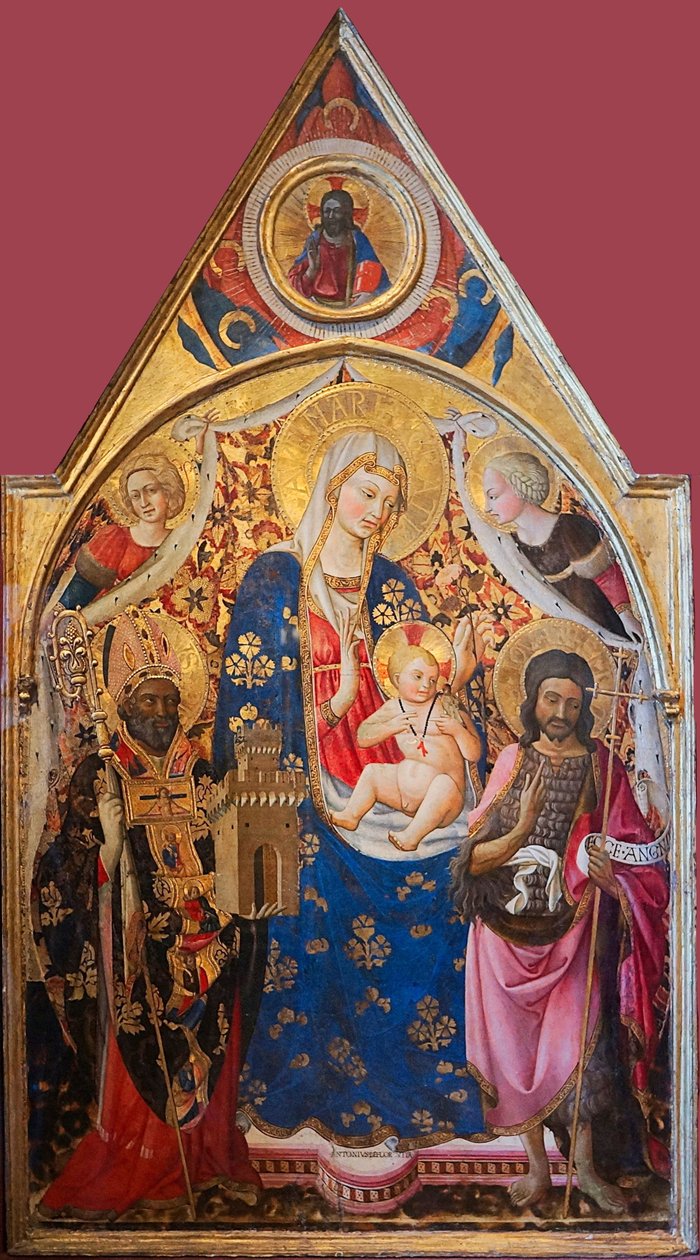 Madonna z Dzieciątkiem w otoczeniu świętych


 Tytuł(y) alternatywny(e):   Gonfalon. Prawa strona: Madonna z Dzieciątkiem, z biskupem, św. Janem Chrzcicielem i aniołami. Górna część - Chrystus błogosławiący. Odwrotna strona: Ukrzyżowanie z Matką Boską i św autorstwa Antonio da Firenze