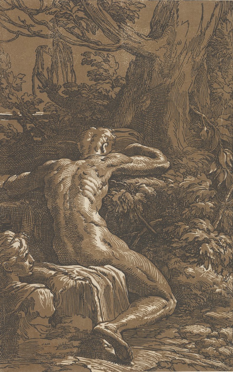 Mężczyzna siedzący widziany zza Narcyza, ok. godz. 1527-30. autorstwa Antonio da Trento