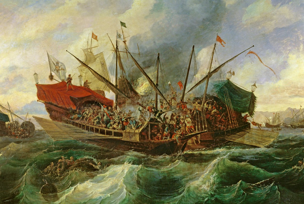 Bitwa morska pod Lepanto między Ligą Świętą a Turkami w 1571 r. (olej na płótnie) (szczegół) autorstwa Antonio de Brugada