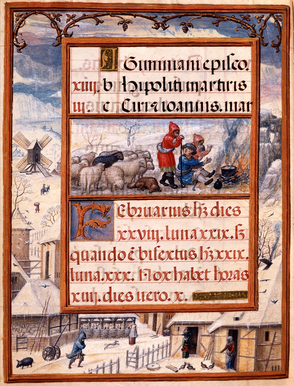 Miesiąc luty, miniatury z Godzinek Domu Manuela, 1517-38 (tempera na welinie) autorstwa Antonio de Hollanda