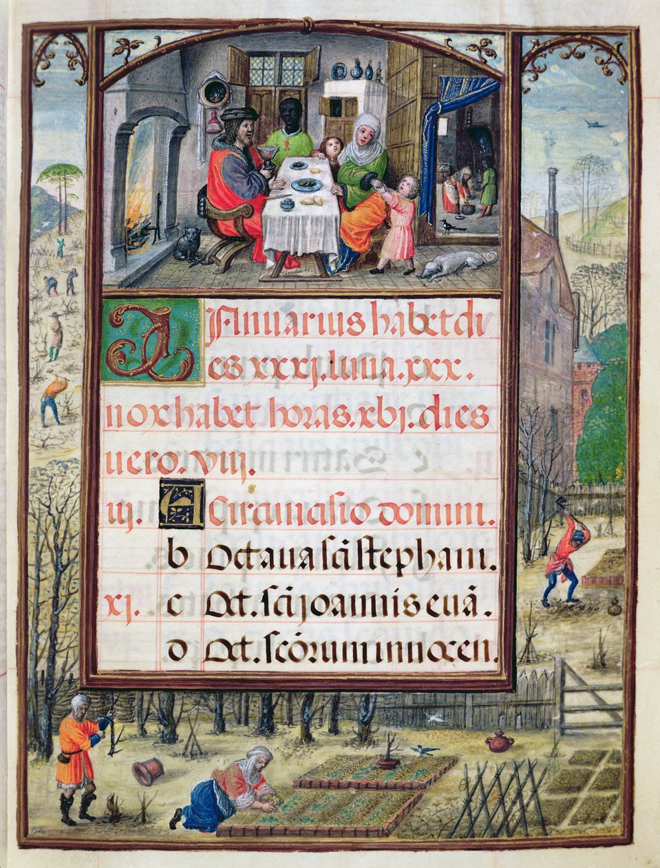 Styczeń, miniatury z „Księgi Godzin Dom Manuela”, 1517-38 (tempera na welinie) autorstwa Antonio de Hollanda