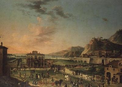 Panorama capriccio z podróży Karola III, króla Obojga Sycylii, od jego willi w Portici do Palazzo Farnese w Rzymie autorstwa Antonio de dipi (attr. to) Joli