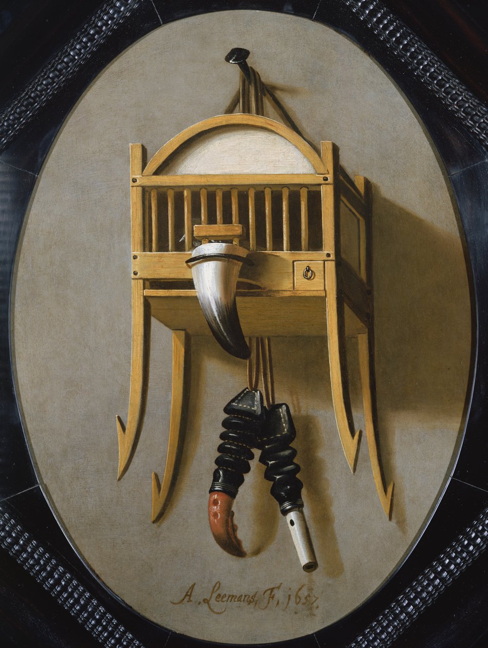 Trompe LOeil z klatką na ptaki i gwizdkiem, XVII w. autorstwa Antonius Leemans