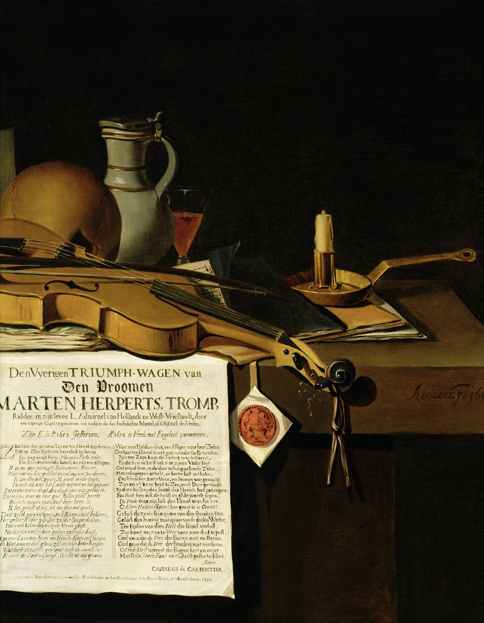 Vanitas martwa natura w hołdzie admirałowi Martenowi Herpertszwoonowi Trompowi, 1655 autorstwa Antonius Leemans
