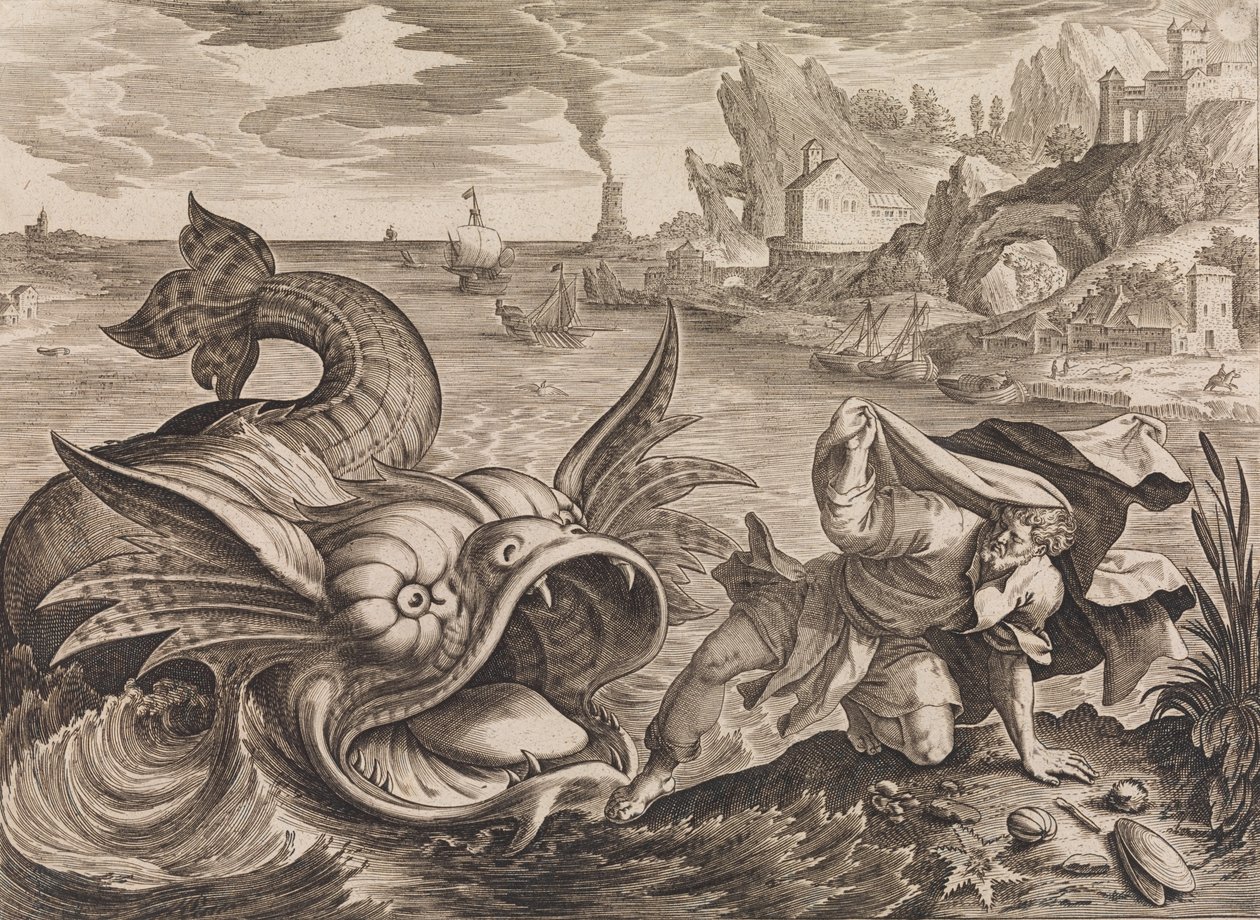 Jonasz rzucony na brzeg nad rybą, ca. 1585 autorstwa Antonius Wierix