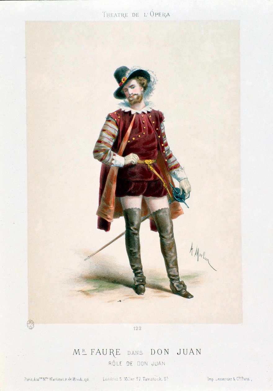Wokalista Jean-Baptiste (Jean Baptiste) Faure (1830-1914) wykonujący Don Giovanniego (Don Juan) w operze o tym samym tytule Wolfganga Amadeusza Mozarta (1756-1791) podczas występu w Teatrze Operowym w Paryżu. Litografia Antony Morlona (1834-1914) Colle autorstwa Antony Paul Emile Morlon