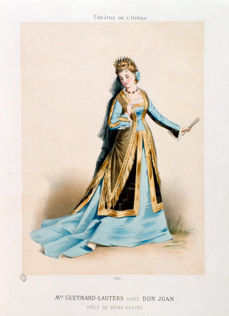 Śpiewaczka Pauline Lauters-Gueymard (Lauters Gueymard) (1834-1876) wykonująca Donę Elvire w operze Don Giovanni (Don Juan) Wolfganga Amadeusza Mozarta (1756-1791) podczas występu w Teatrze Operowym w Paryżu. Litografia Antony Morlona (1834-1914) Prywatne autorstwa Antony Paul Emile Morlon