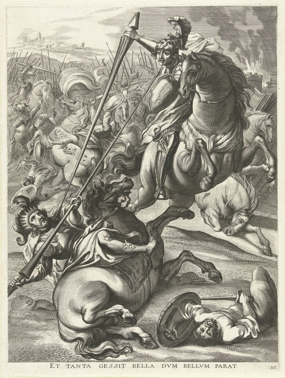 Achilles pokonuje Telephosa; Wjazd Ferdynanda do Gandawy w 1635 r. Et tanta gessit bella dvm bellvm parat (tytuł na obiekcie) autorstwa Antony van der Does