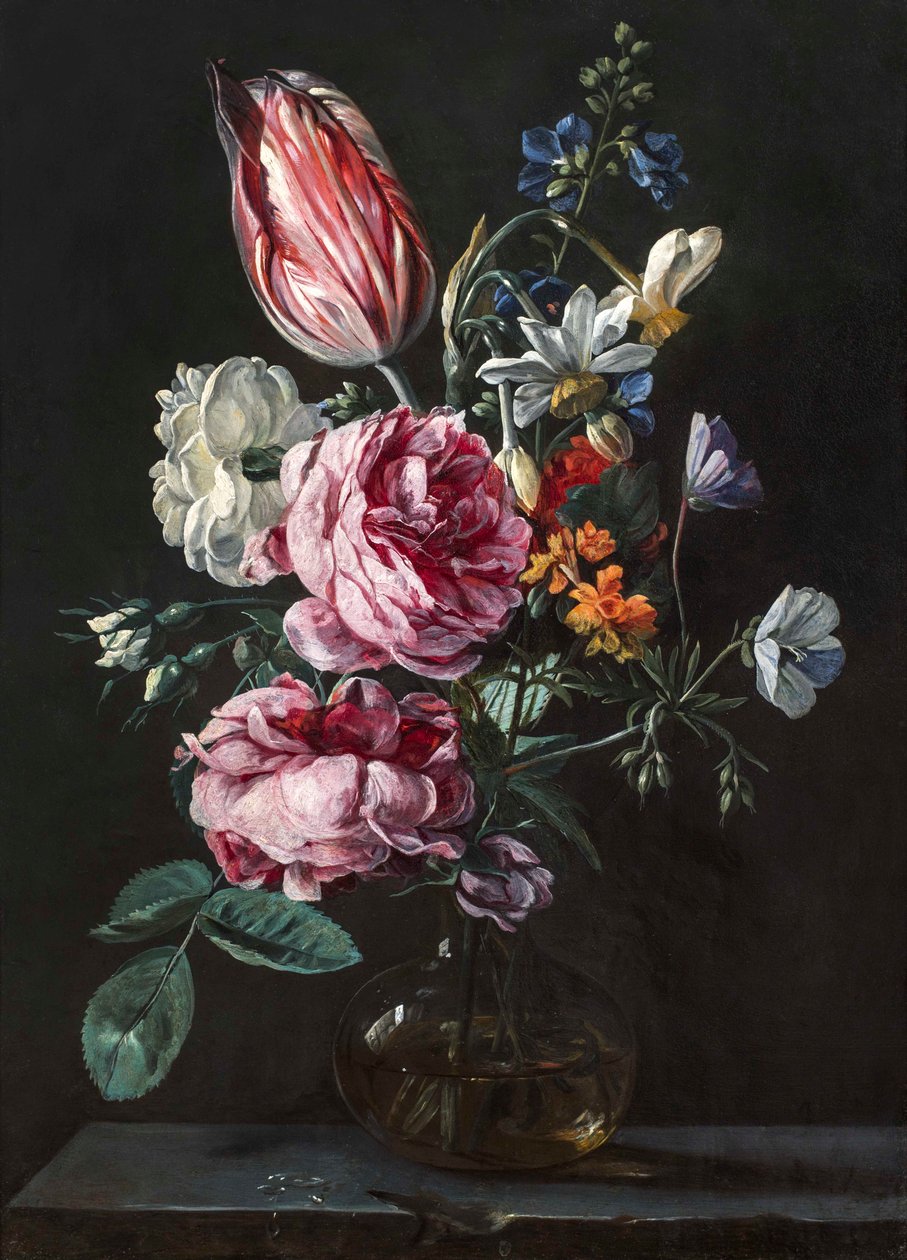 Bukiet narcyzów, papug Tulipan, róże i inne kwiaty w szklanym wazonie na kamiennym cokole, ok. 1650 (olej na miedzi) autorstwa Antwerp School