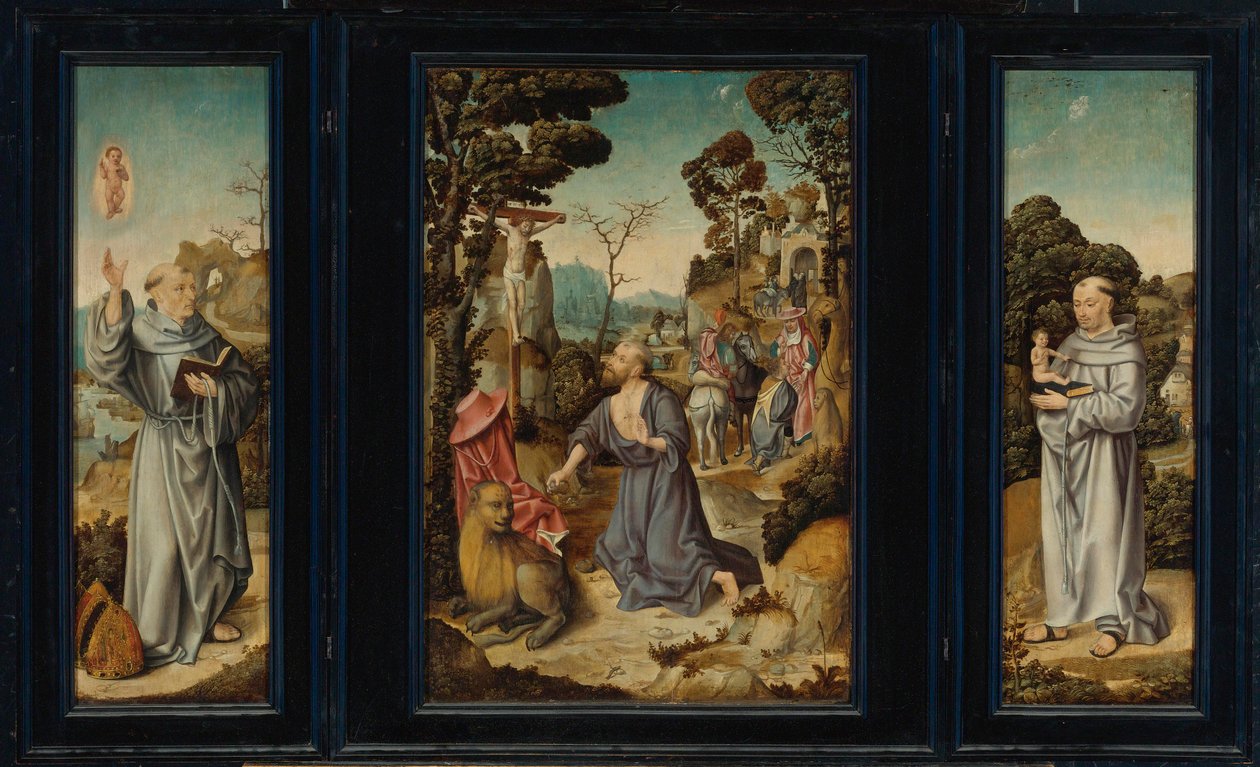 Tryptyk: Sceny z życia św. Hieronim, św. Antoni z Padwy, św. Bernard z Clairvaux autorstwa Antwerp School c. 1525 3