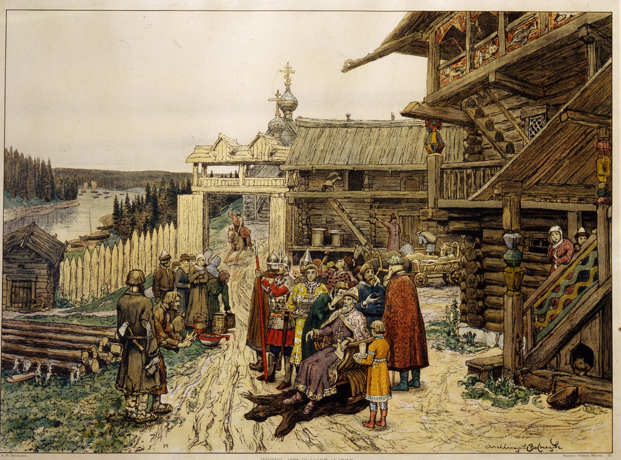Dwór feudalny księcia rosyjskiego. (W średniowiecznej wiosce pan, siedzący na krześle na dziedzińcu drewnianego domu, otoczony przez swoich żołnierzy i doradców, wysłuchuje skarg chłopów). Praca Appolinariego Mikhaylovicha Vasnetsova autorstwa Apollinari Mikhailovich Vasnetsov