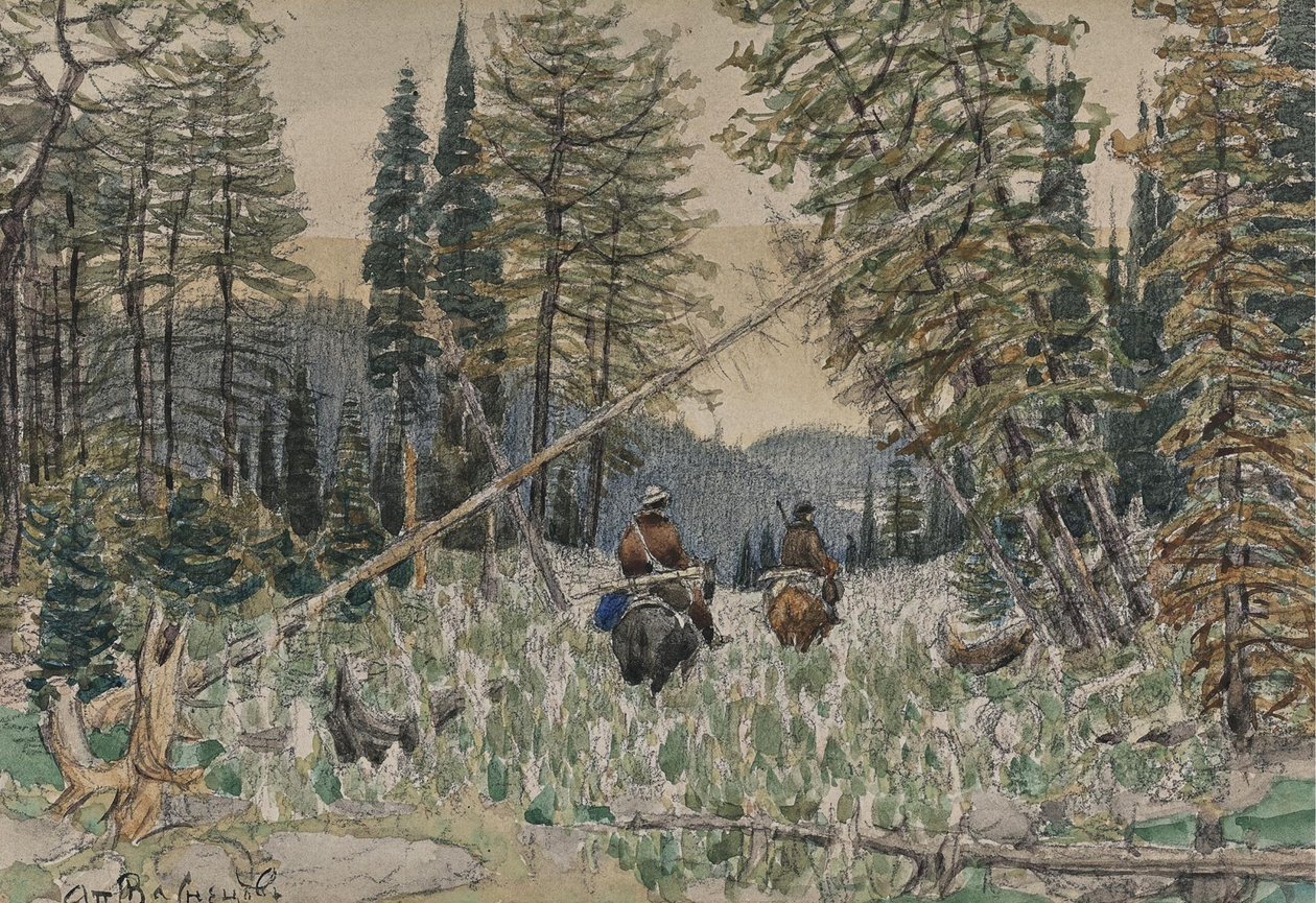 Myśliwi na koniach w sosnowym lesie autorstwa Apollinari Mikhailovich Vasnetsov