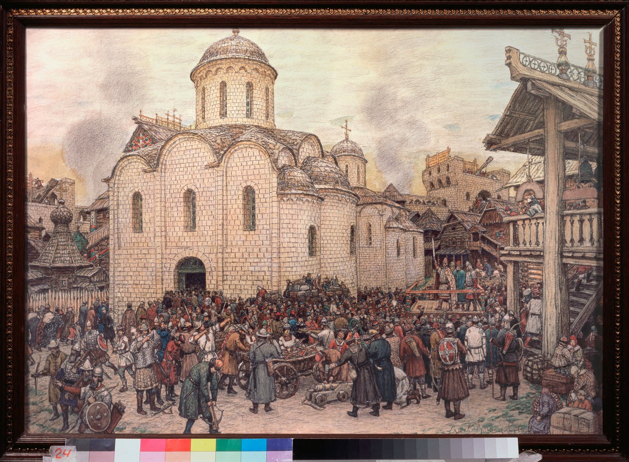 Najazd na Moskwę chana Tochtamycza (Toktamycza) (zm. 1406), 1382 r. (Zdobywanie miasta przez Złotą Ordę) - Dzieło Appolinariego Michajłowicza Wasnetsowa (1856-1933), akwarela i węgiel na papierze autorstwa Apollinari Mikhailovich Vasnetsov