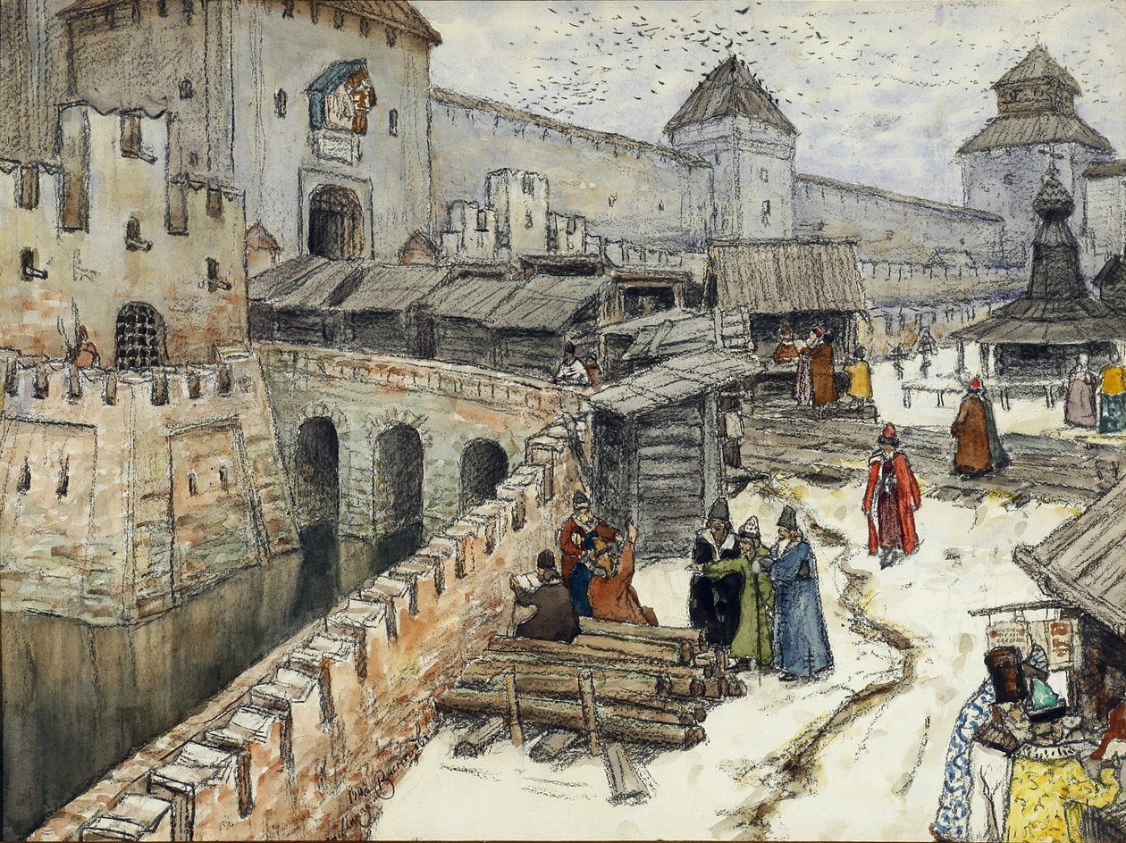 Moskwa w XVII wieku. Księgarnie na moście Chrystusa Zbawiciela, 1902 autorstwa Apollinari Mikhailovich Vasnetsov