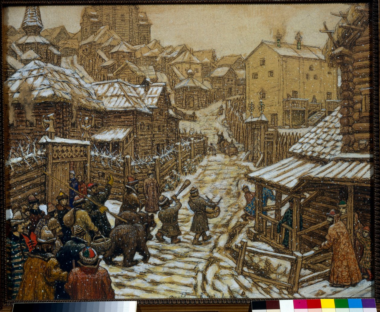 Muzycy i trenerzy niedźwiedzi na moskiewskiej ulicy w XVII wieku - Praca Appolinariego Mikhaylovicha Vasnetsova (1856-1933) autorstwa Apollinari Mikhailovich Vasnetsov