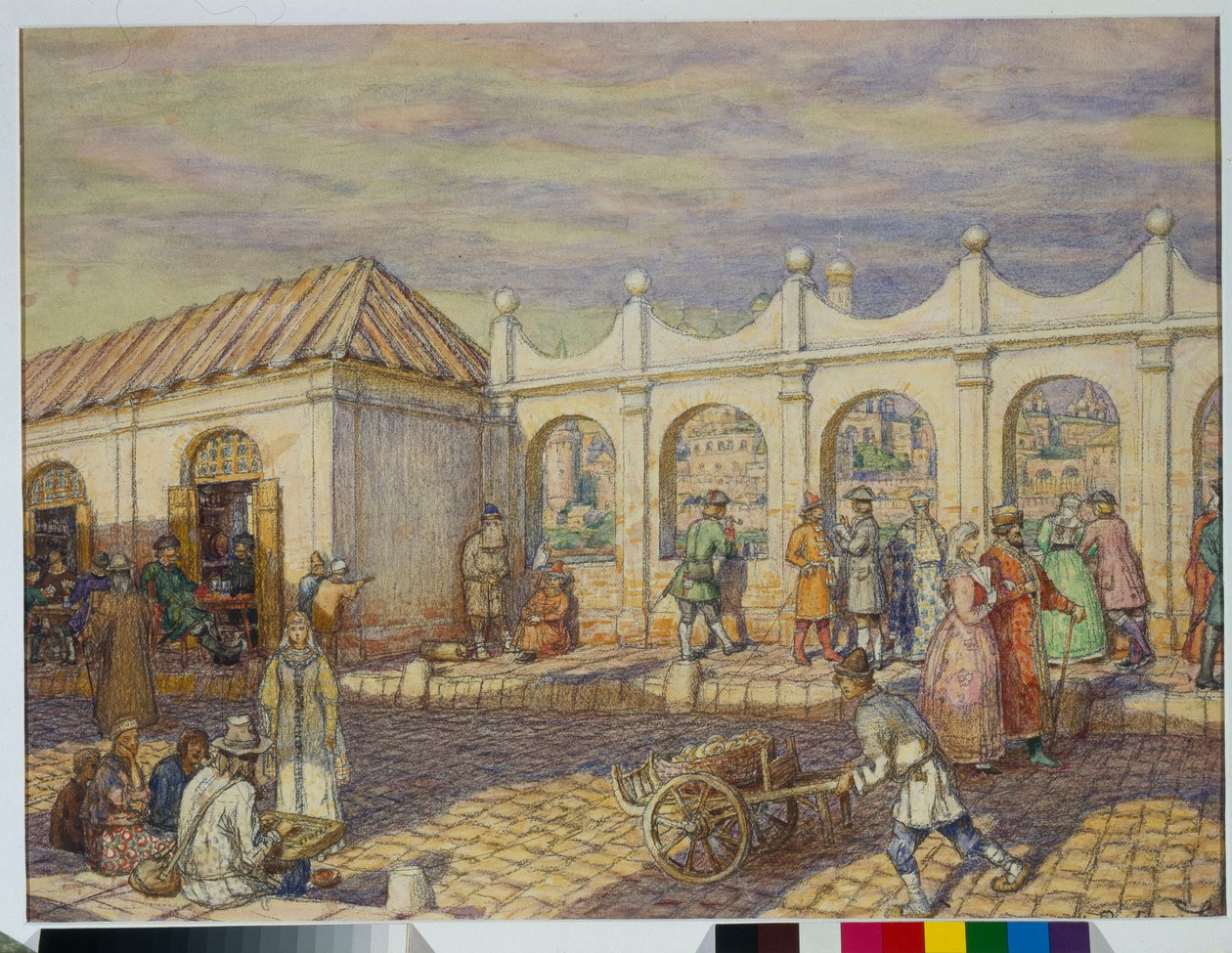 Scena uliczna na Kamiennym Moście (Moście Wszystkich Świętych) w Moskwie w czasach Piotra I Wielkiego (1672-1725) - Grafika Appolinariego Mikhaylovicha Vasnetsova (1856-1933) autorstwa Apollinari Mikhailovich Vasnetsov