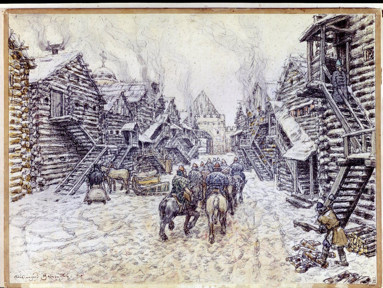 Stara Moskwa. Tradycyjna architektura drewniana pod śniegiem. Praca Appolinariego Mikhaylovicha Vasnetsova (1856-1933), akwarela i kreda na papierze autorstwa Apollinari Mikhailovich Vasnetsov