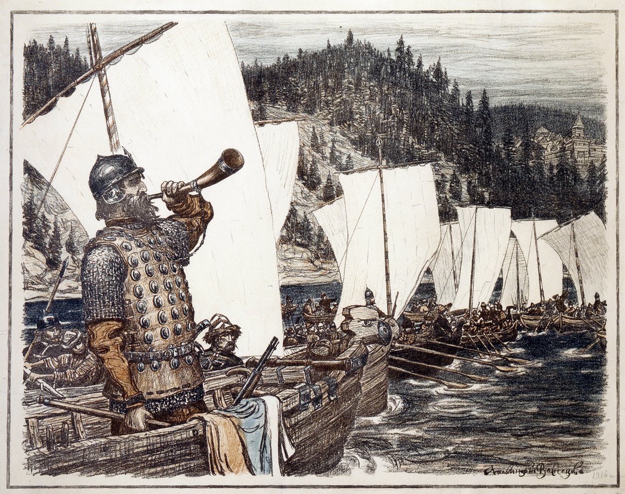 Jermak Timofiejewicz (ok. 1540-1585) nad rzeką Irtysz. (Jermak Timofiejewicz nad Irtyszem). Epizod eksploracji i podboju Syberii, 1583. Praca Appolinariego Mikhaylovicha Vasnetsova (1856-1933), litografia 1916. Sztuka rosyjska, XX autorstwa Apollinari Mikhailovich Vasnetsov