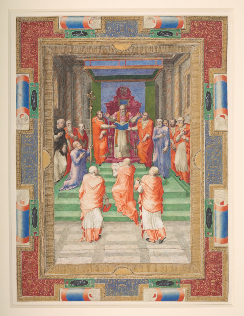 Papieska ceremonia, Paweł IV staje przed papieskim tronem, Add. MS 35254 Q, ok. 1555-59 (welum) autorstwa Apollonio di Bonfratelli