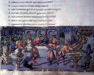 Ms 492 f.75 Scena bankietowa z Eneidy (welum) autorstwa Apollonio di Giovanni di Tommaso