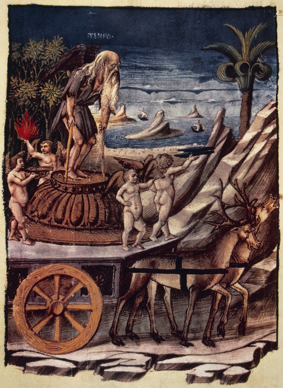 Triumf Czasu, rydwan Czasu ciągnięty przez jelenia, miniatura Apollonio di Giovanni (1415 lub 1417-ca 1465) z Triumphs, poemat alegoryczny Francesco Petrarca (1304-1374), rękopis 1129, folio 42, verso, Włochy autorstwa Apollonio di Giovanni di Tommaso