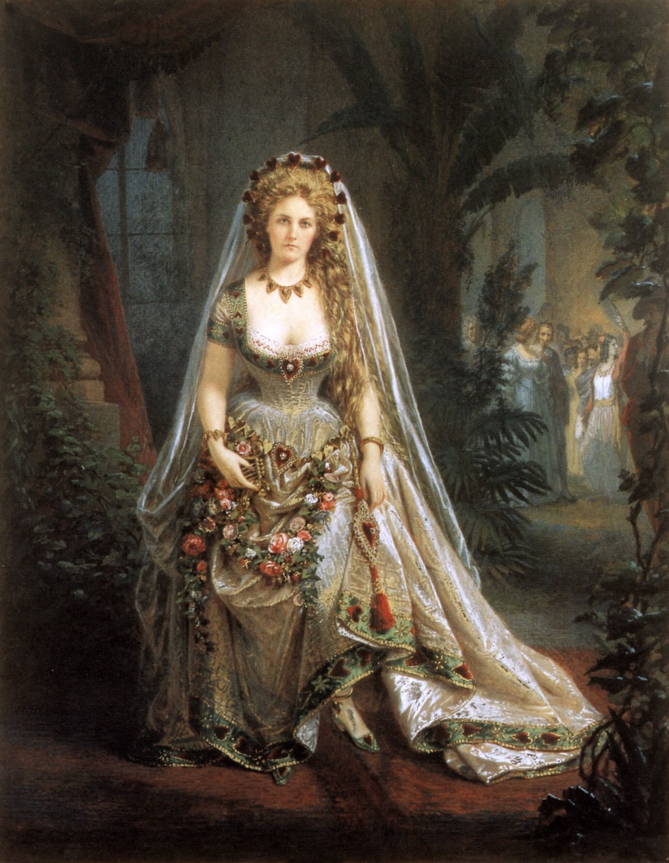 Hrabina Castiglione jako Królowa Kier, wg fotografii Pierre-Louis Piersona (1822-1913) 1861-63 (odbitka na papierze solonym, podmalowana gwaszem) autorstwa Aquilin Schad