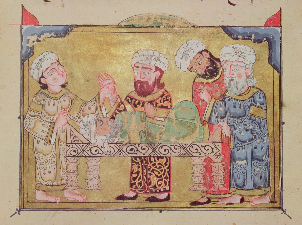 Wizyta lekarzy u jego pacjenta, scena z Makamatu Al-Haririego (gwasz na welinie) autorstwa Arabic School