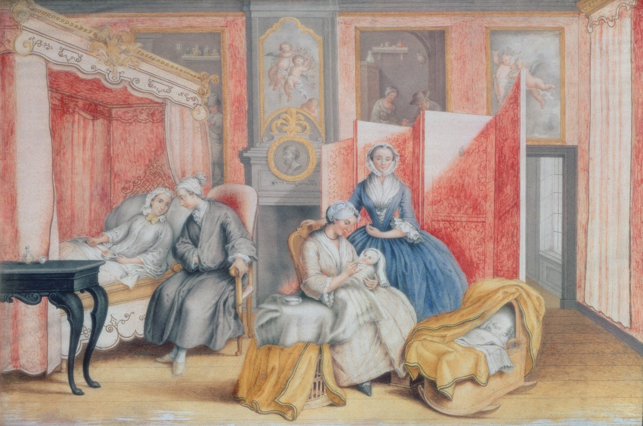 Józef II (1741-90) przy łóżku swojej żony Izabeli Parmeńskiej po urodzeniu córki Marii Teresy (1762-1770), 1762 (gwasz) autorstwa Archduchess of Austria Maria Christine