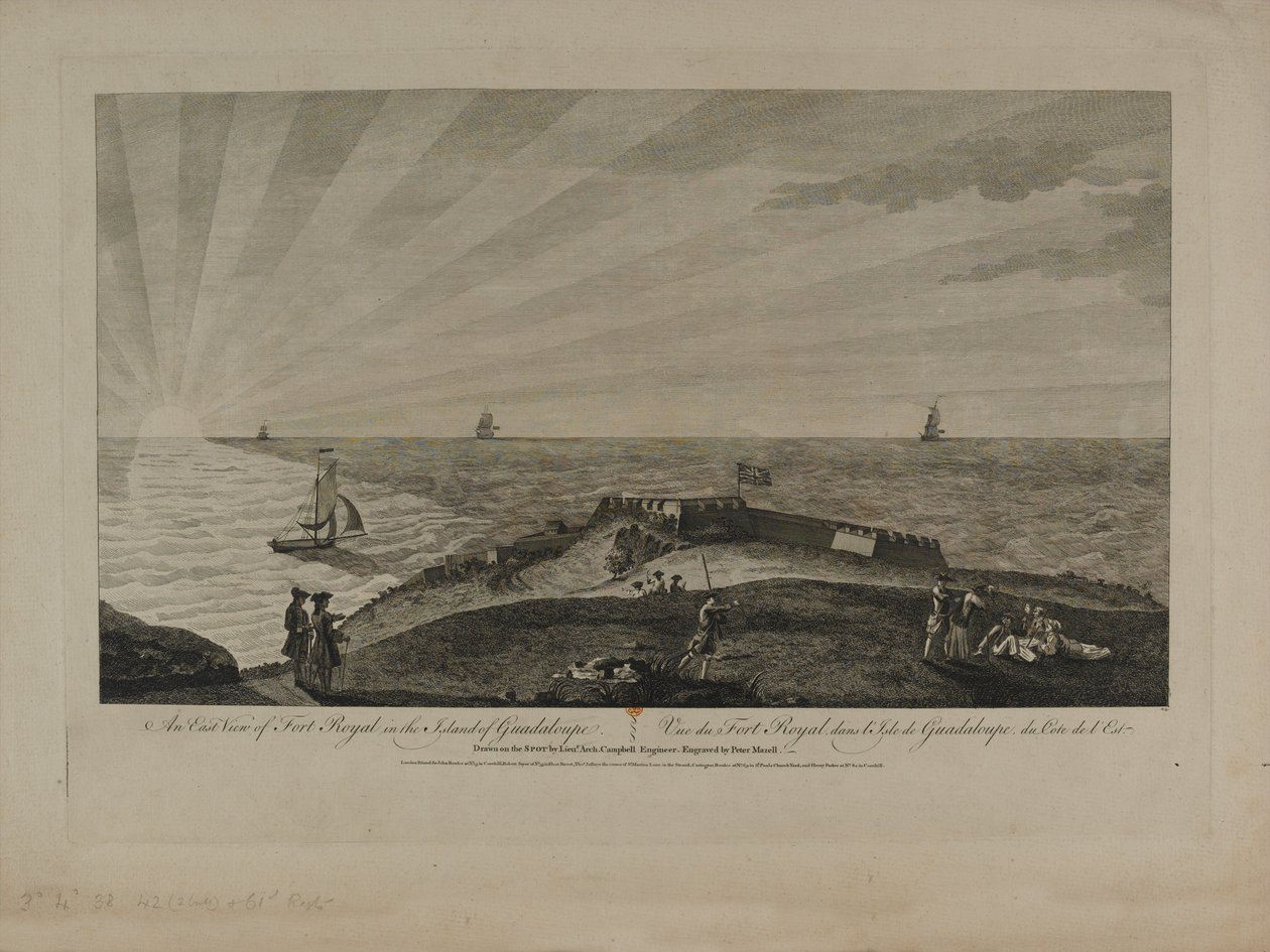 Widok na wschód Fort Royal na wyspie Gwadelupa, ryty przez Petera Mazella (fl.1761-97) opublikowany ok. 1759 autorstwa Archibald Campbell