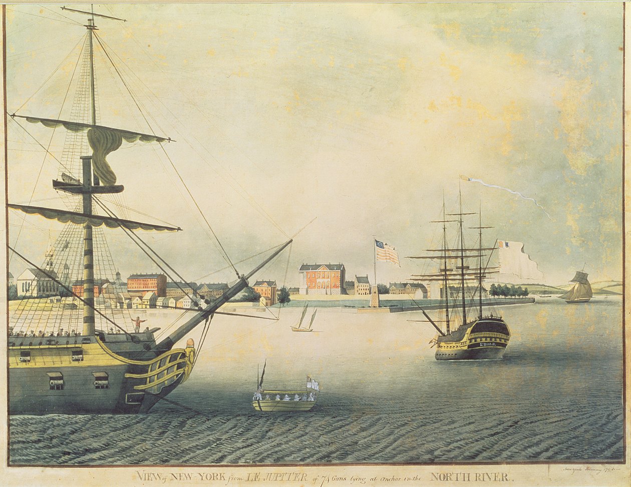Widok Nowego Jorku z „Le Jupiter” na 74 działa leżące na kotwicy w North River, 1794 autorstwa Archibald Robertson
