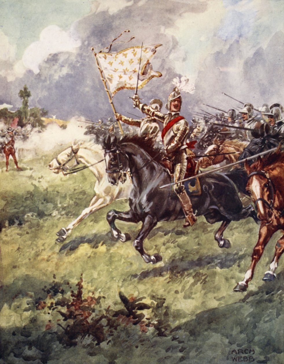 Tysiąc rycerzy napiera tuż za śnieżnobiałym herbem, z Ballad of Famous Fights, First Edition, 1920 autorstwa Archibald Webb