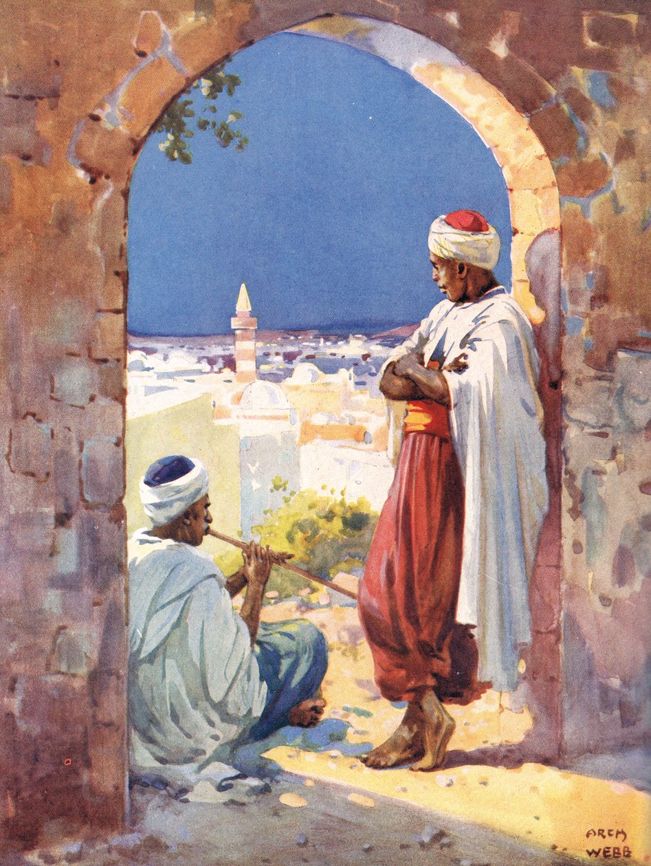 Muzyka w bramie dawnego świata, ilustracja z obrazkowej księgi wiedzy „Newnes” autorstwa Archibald Webb