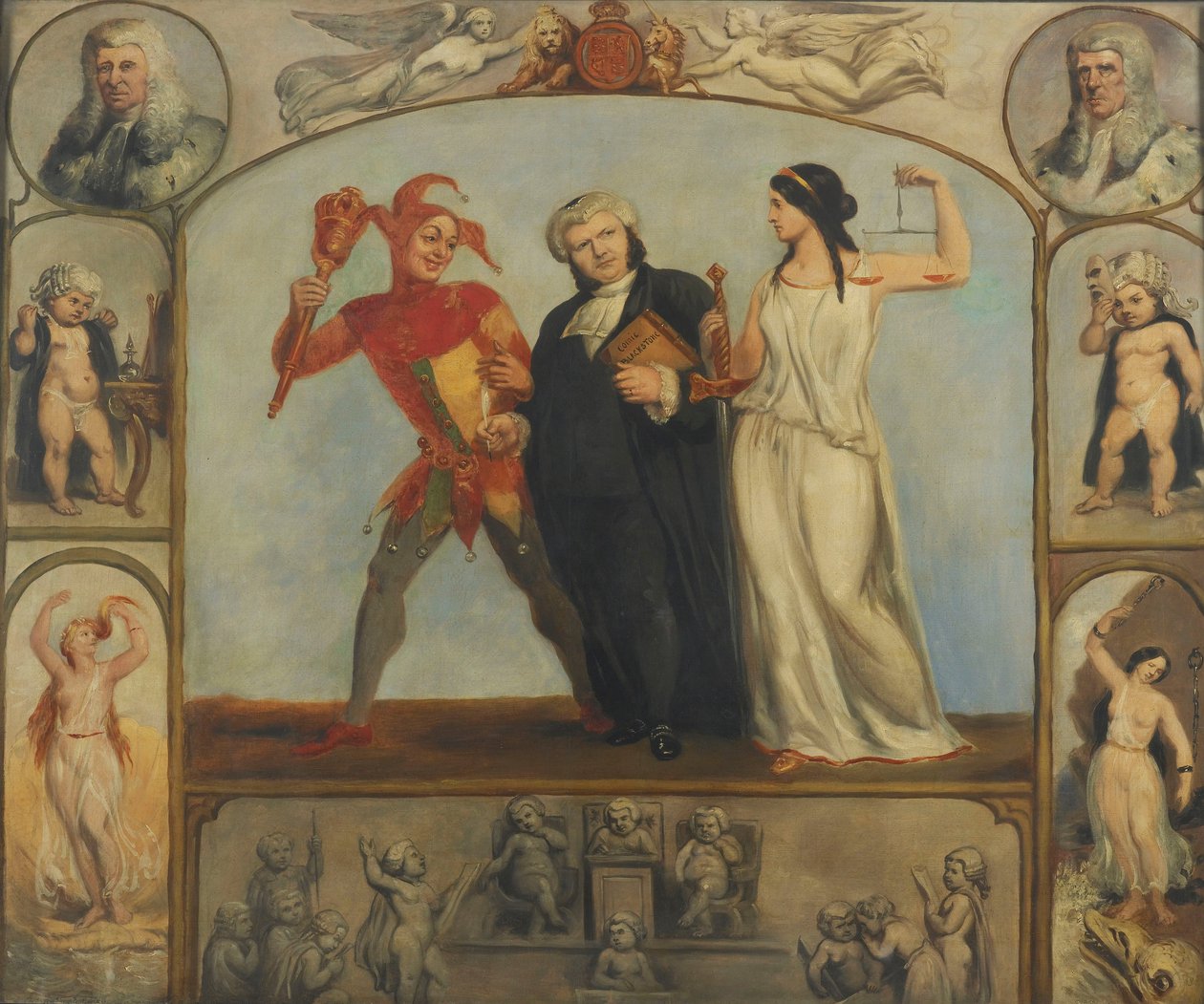obraz; olej na płótnie - Portret Rentona Nicholsona z alegorycznymi scenami i postaciami autorstwa Archibald Henning