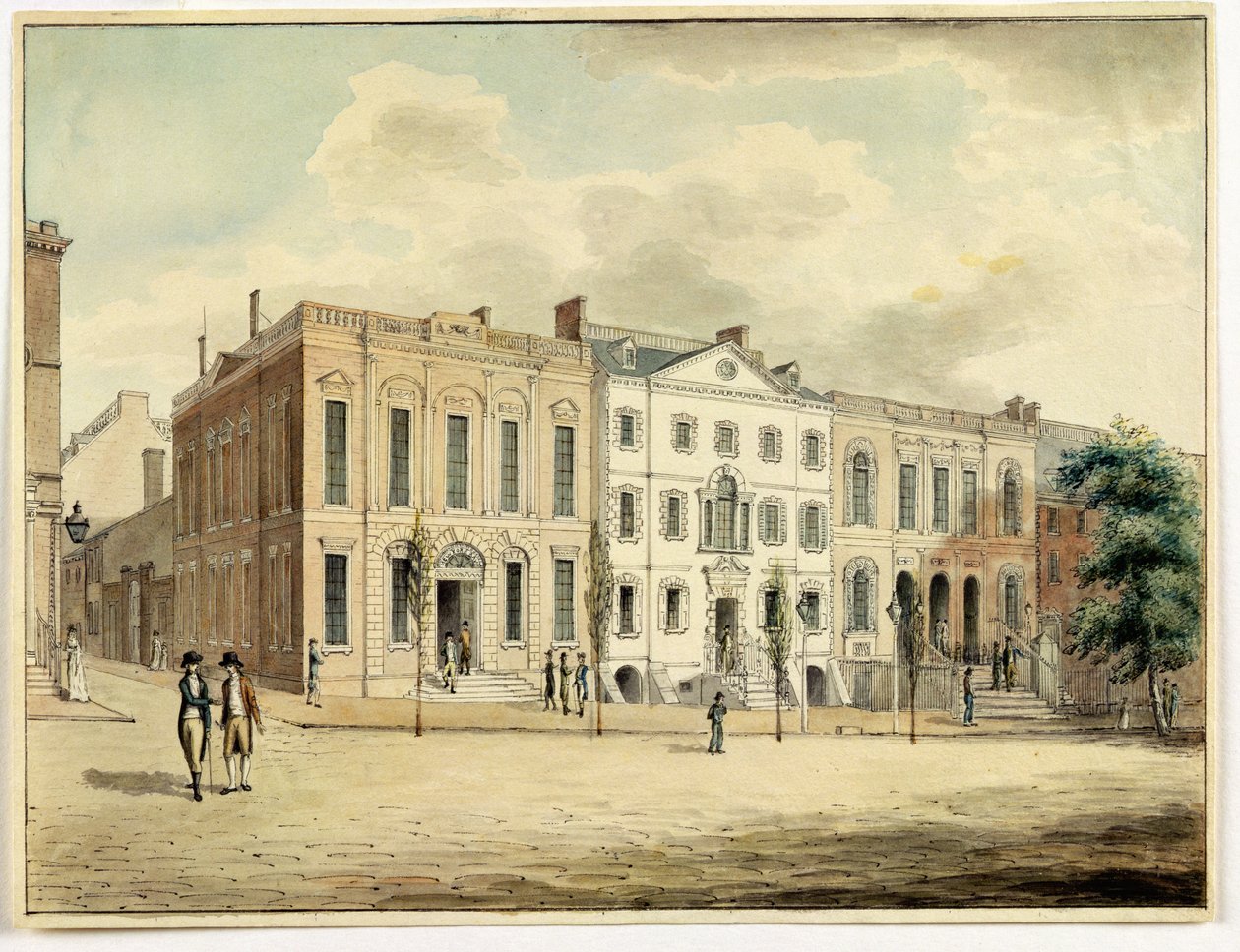 Północno-wschodni róg ulic Wall and William Street, Nowy Jork, 1798 (toaleta i atrament na papierze) autorstwa Archibald Robertson