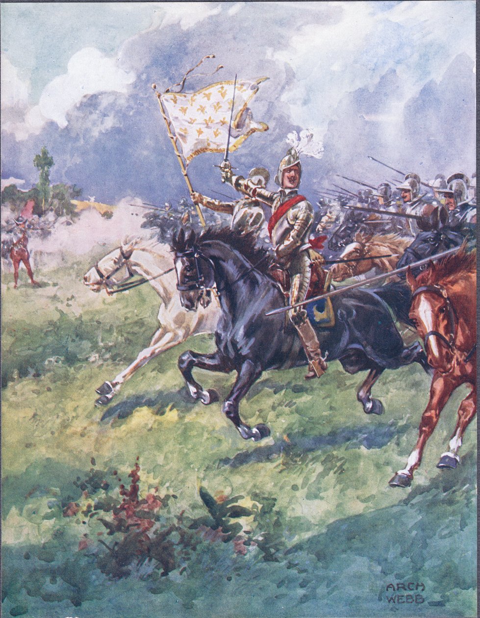 Tysiąc rycerzy zbliża się do tyłu, ilustracja z Ballad o słynnych walkach, ok. 1900 r. autorstwa Archibald Webb
