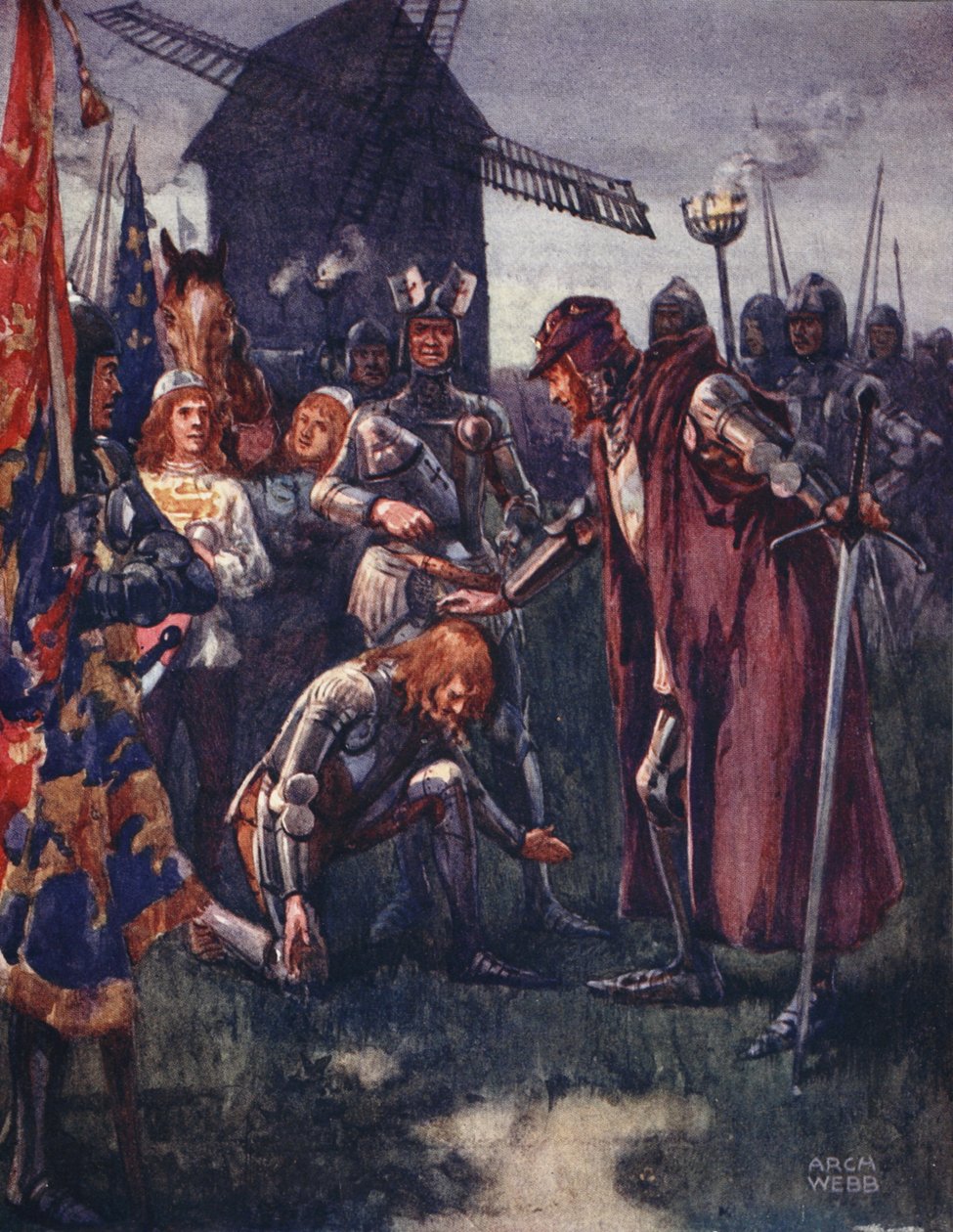 Książę przed swoim Ojcem pokornie klęka: Jego bitwa — całkowicie jego! z Ballad o słynnych walkach, wydanie pierwsze, 1920 autorstwa Archibald Webb