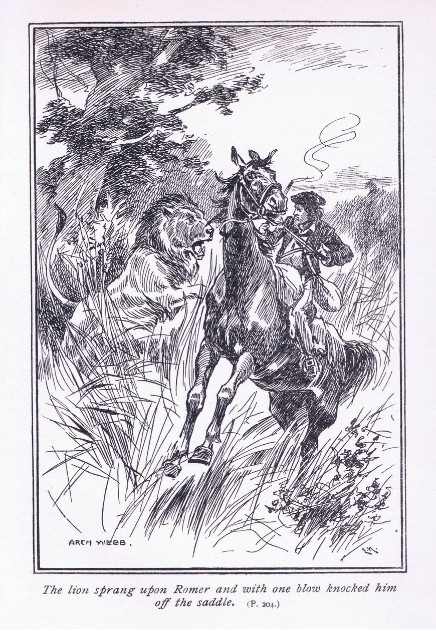 Lew rzucił się na Romera i jednym ciosem zrzucił go z siodła, 1900 autorstwa Archibald Webb