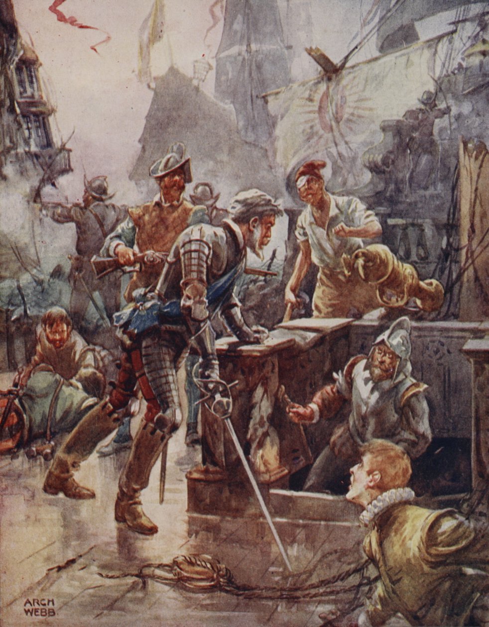 Potem wykrzyknął z dumną bladą wargą: — Ho! strzelec, rozłup i zatop statek”, z Ballad o słynnych walkach, wydanie pierwsze, 1920 autorstwa Archibald Webb