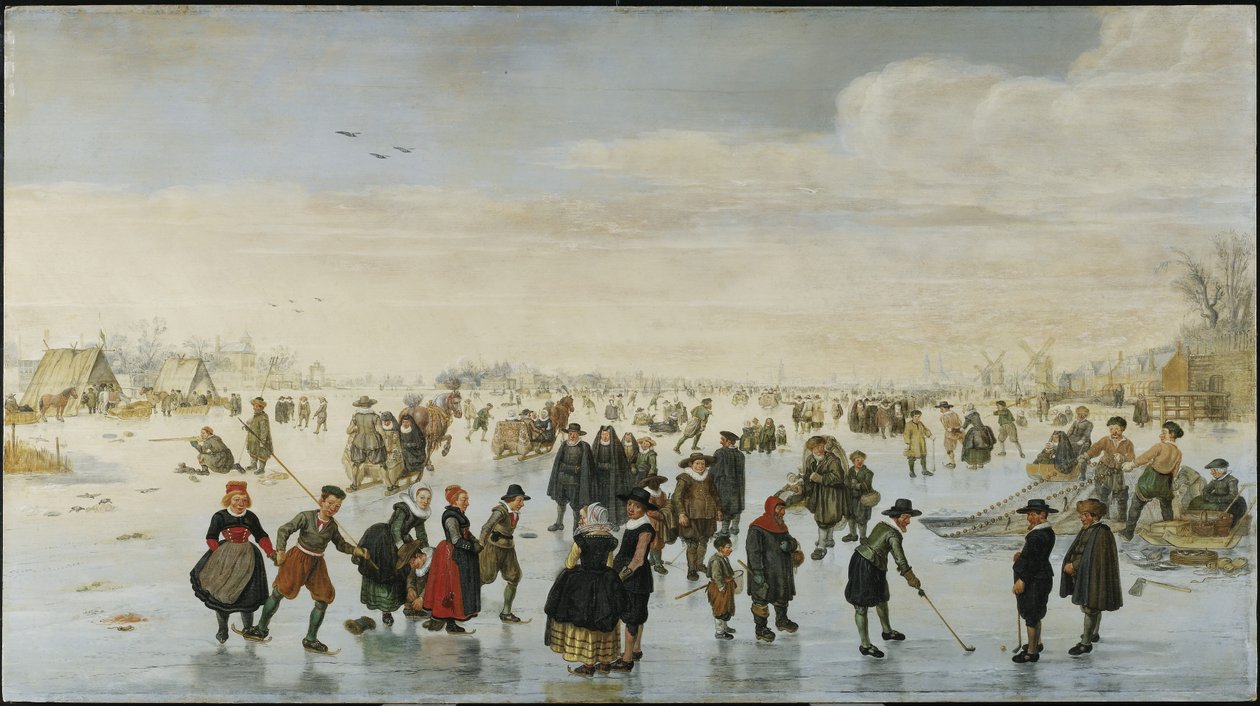 Łyżwiarze na rzece Amstel, ok. 1620 r. autorstwa Arent Arentsz