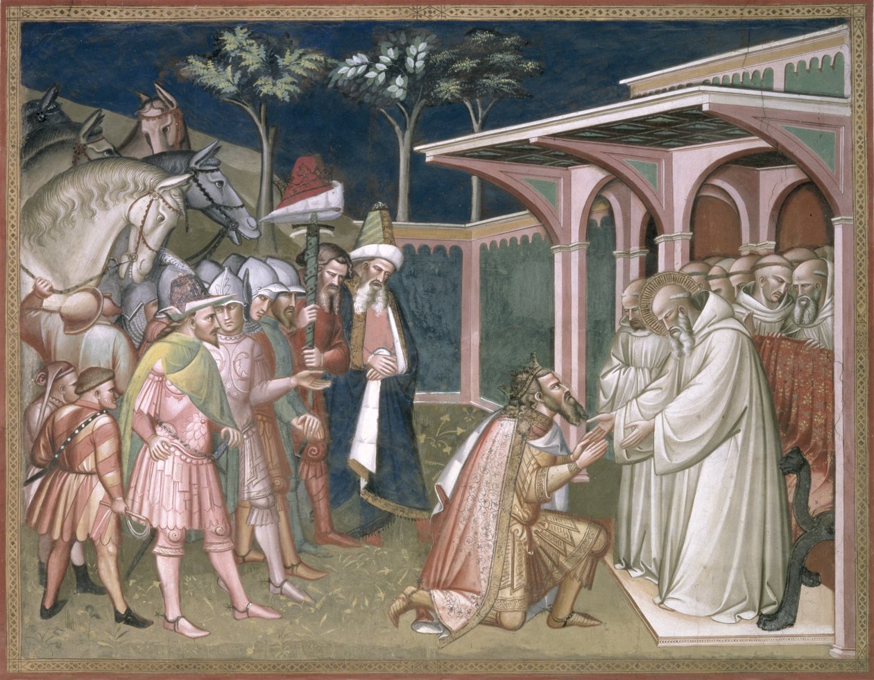 Święty prorokuje Totila, król Gotów, fragment z Żywotu św. Benedykta (ok. 480-c550), w zakrystii, 1387 autorstwa Aretino Luca Spinello or Spinelli