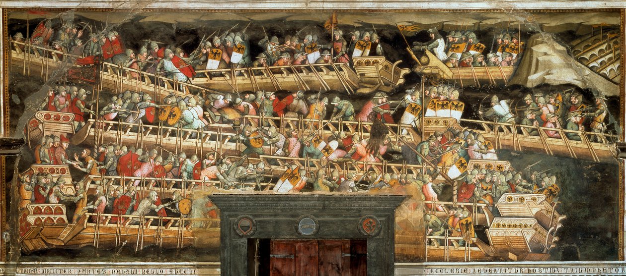 Bitwa morska w Punta Salvatore, przeciwstawiająca armię Fryderyka Barberossy Wenecjanom (Fresco autorstwa Aretino Luca Spinello or Spinelli