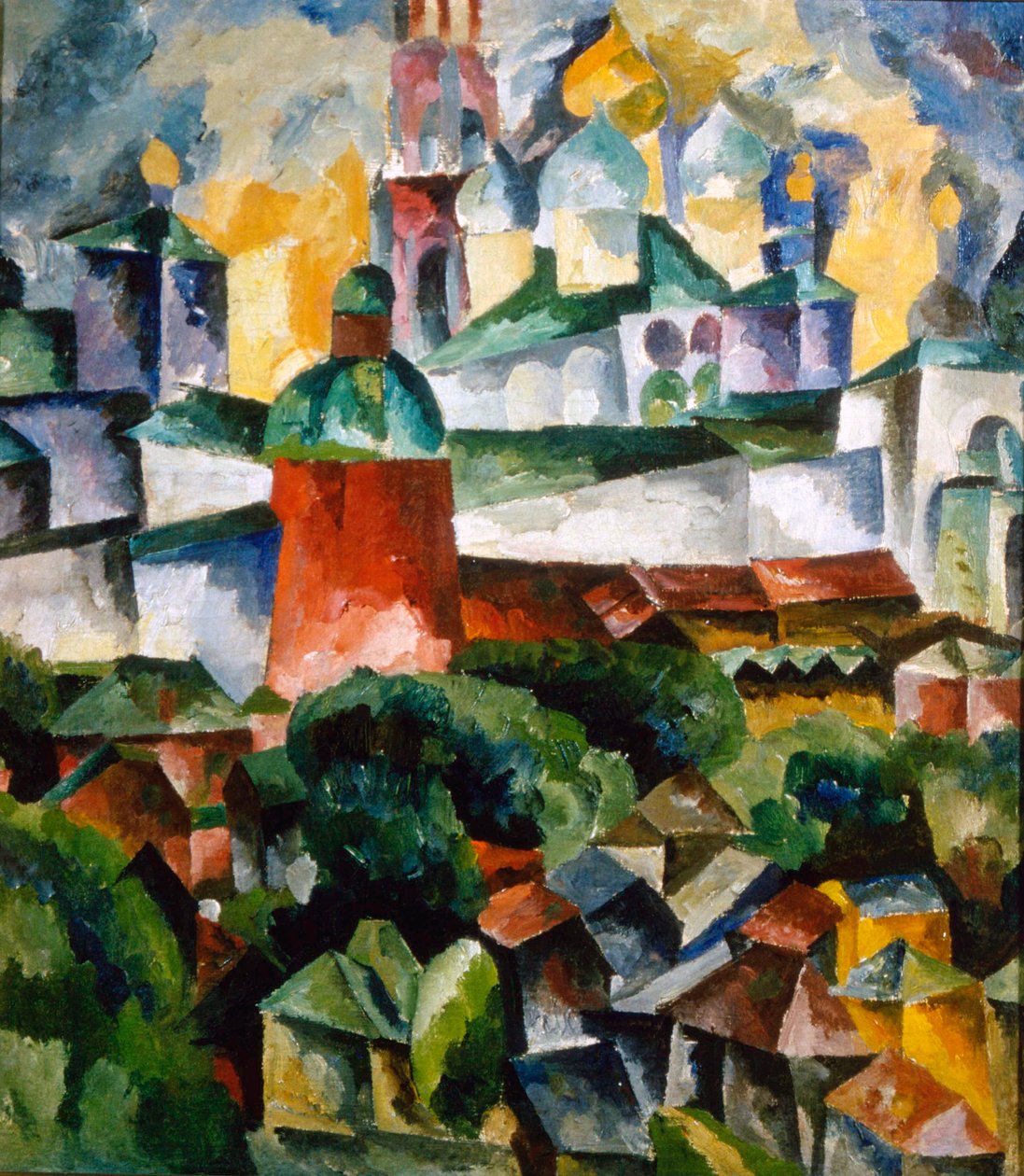 „Pejzaż z klasztorem Trójcy Sergiusz”, 1920 r. autorstwa Aristarkh Lentulov